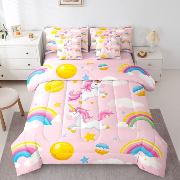 Feelyou Cartoon Unicorn Kids Twin Bedding Sets 7-Piece, Cute Planet Stars Bedding Comforter Set, Rainbow Cloud Galaxy Reversible Sheet Sets, Ultra Soft Bedroom Decor