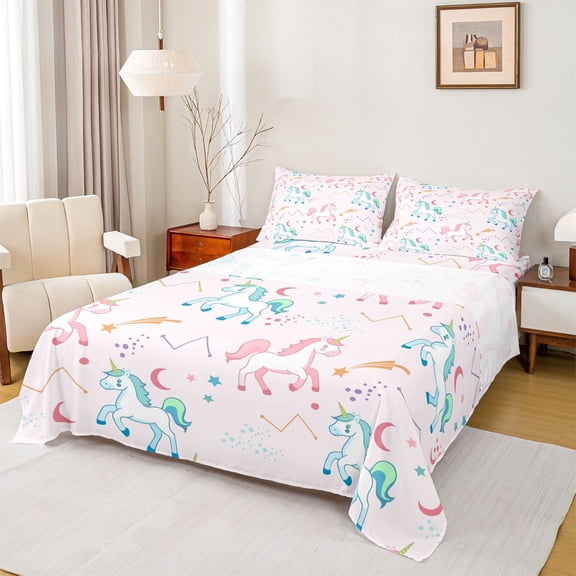 Feelyou Cartoon Unicorn Pink Twin Sheet Sets, Dreamy Stars Astrology Twin Fitted Sheet, Teens Kids Boys Girls Flat Sheet, Lightweight Room Decor, 3pcs