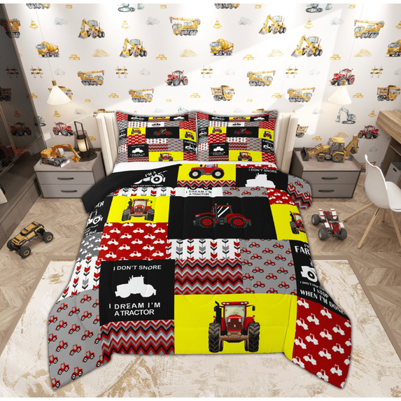 Feelyou Cartoon Vehicle Truck Queen Comforter Set, Tractor Excavator Bedding Sets, Red Yellow Patchwork Reversible Bedding Comforter Set, Breathable Home Decor, 3pcs