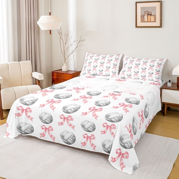 Feelyou Cartoon Volleyball Queen Sheet Sets, Pink Princess Bow Bed Set, 4-Piece