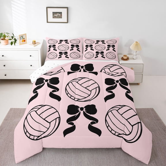 Feelyou Cartoon Volleyball Teens Twin Comforter Sets, Pink Bowknot Bedding Set, 2-Piece