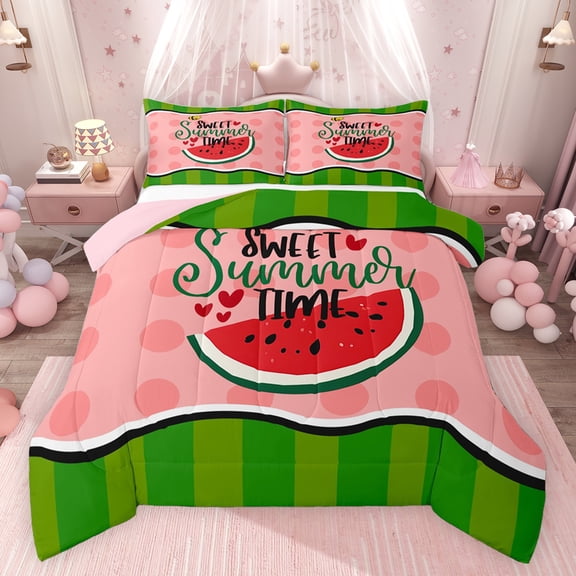 Feelyou Cartoon Watermelon Queen Comforter Set, Pink Green Stripes Bedding Sets, Sweet Summer Time Reversible Bedding Comforter Set, Super Cozy Room Decor, 3 Pieces