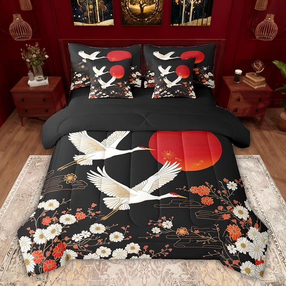 Feelyou Cartoon White Crane Twin Bedding Sets 7-Piece for Adult, Japanese Cherry Blossoms Bedding Comforter Set, Retro Tokyo Style Reversible Sheet Sets, Ultra Soft Bedroom Decor
