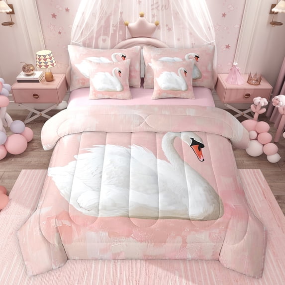 Feelyou Cartoon White Swan Twin Bedding Sets 7-Piece, Pink Oil Printing Bedding Comforter Set, Teens Kids Girls Women Reversible Sheet Sets, Luxury Bedroom Decor
