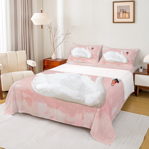Feelyou Cartoon White Swan Twin Sheet Sets, Pink Oil Printing Twin Fitted Sheet, Teens Kids Girls Women Flat Sheet, Luxury Bedroom Decor, 3pcs