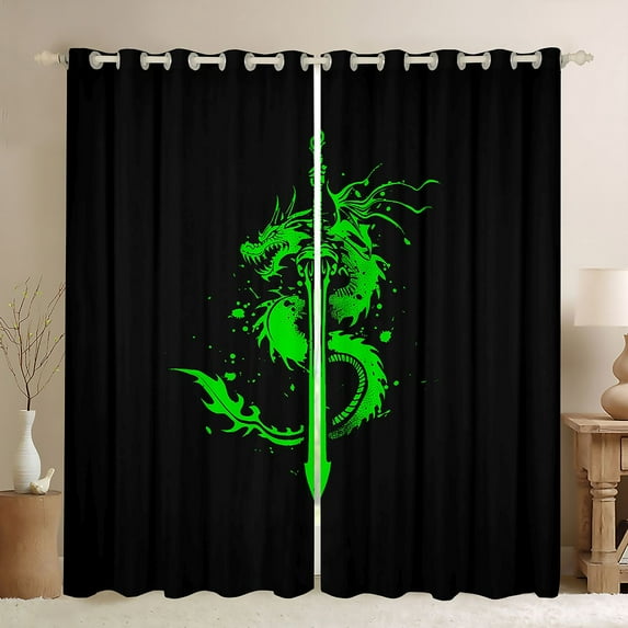 Feelyou Cartoon Wildlife Kids Blackout Curtains Set of 2 (52x84 Each), Watercolor Dreagon Sword Window Curtains, Western Magical Animals Curtains and Drapes, Curtains and Drapes Room Decor
