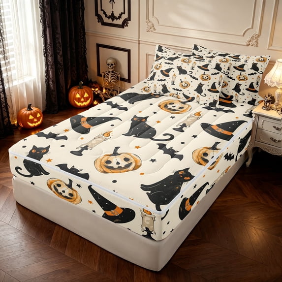 Feelyou Cartoon Witch Cat Zipper Queen Comforter Set with Fitted Sheet and 2 Pillowcases, Spooky Pumpkin Zipper Bedding Set, Cream, Halloween Reversible, 4pcs