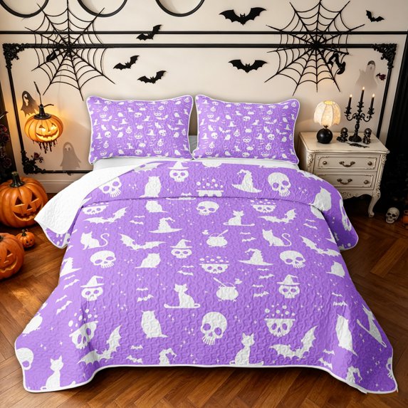 Feelyou Cartoon Witch Hat Quilt King, Kawaii Gothic Skull King Coverlet Set, Lavender, 3-Piece, 1 Comforter and 2 Pillowcases