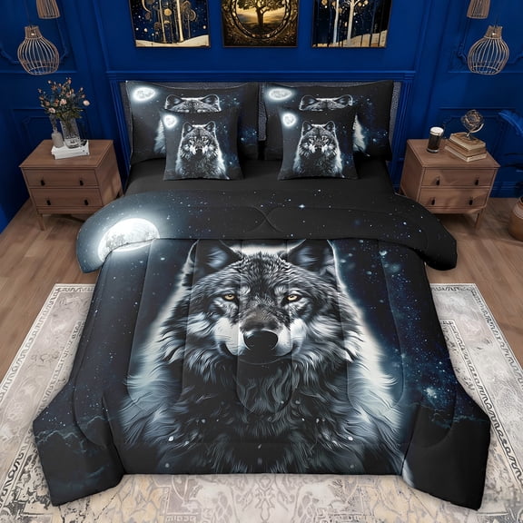 Feelyou Cartoon Wolf Animal Bedding Comforter Set 7pcs for Boy, Psychedelic Galaxy Moon Queen Bedding Sets, Rustic Animal Theme Reversible Queen Sheet Sets, Luxury Bedroom Decor