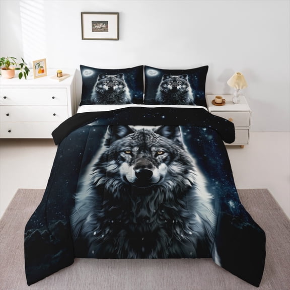 Feelyou Cartoon Wolf Animal Queen Comforter Set for Boy, Psychedelic Galaxy Moon Bedding Sets, Rustic Animal Theme Reversible Bedding Comforter Set, Luxury Bedroom Decor, 3 Pieces