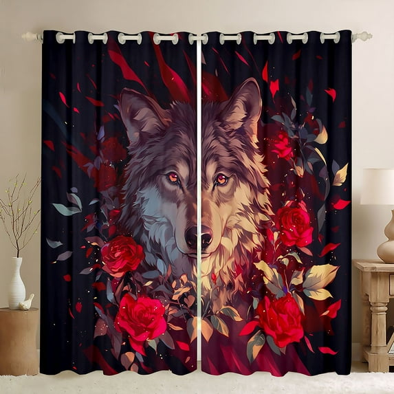 Feelyou Cartoon Wolf Teens Black Out Curtains, Romantic Jungle Animal Curtains Pack of 2 (42x63 Each), Red Anniversary Rose Bedroom Curtains, Living Room Curtains Decor