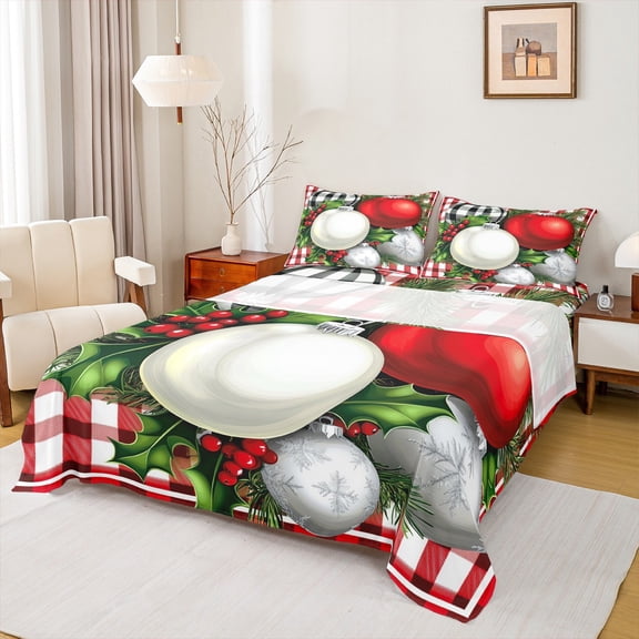 Feelyou Cartoon Xmas Ball Twin Sheet Sets, Red White Plaid Twin Fitted Sheet, Merry Christmas Flat Sheet, Breathable Home Decor,3 Pieces