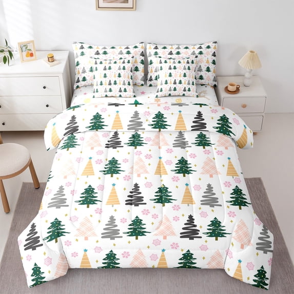 Feelyou Cartoon Xmas Tree Bedding Comforter Set 7 Pieces for Kid, Merry Christmas Full Bedding Set, Snowflake Print Reversible Fitted Sheet Flat Sheet, Breathable Home Decor