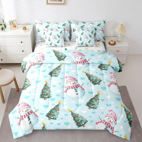 Feelyou Cartoon Xmas Tree Bedding Comforter Set 7 Pieces for Teen, Blue Love Heart Full Bedding Set, Kawaii Christmas Snowman Reversible Fitted Sheet Flat Sheet, Lightweight Room Decor