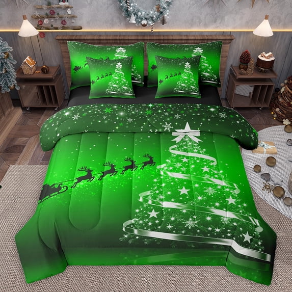 Feelyou Cartoon Xmas Tree Bedding Comforter Set 7 Pieces for Teen, Kawaii Santa Claus Full Bedding Set, Green Christmas Theme Reversible Fitted Sheet Flat Sheet, Luxury Bedroom Decor