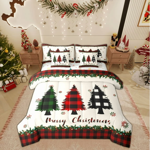 Feelyou 7-Piece Cartoon Xmas Tree King Comforter Set, Kid Black Red Buffalo