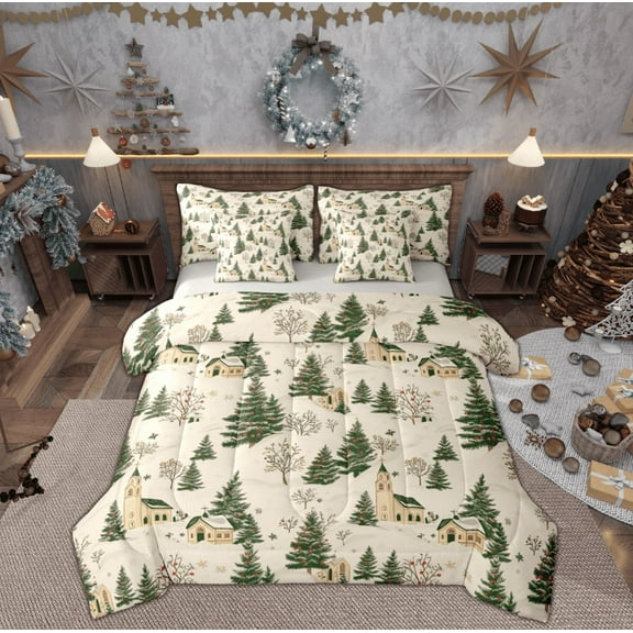 Feelyou Cartoon Xmas Tree Bedding Comforter Set 7pcs for Kid, Merry Christmas King Bedding Sets, Vintage Rustic Cabin Reversible Bed Sheets, Luxury Bedroom Decor, 3pcs