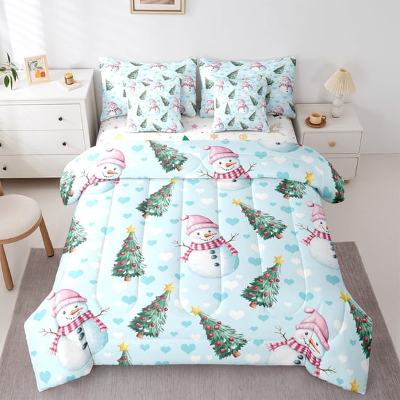 Feelyou Cartoon Xmas Tree Bedding Comforter Set 7pcs for Teen, Blue Love Heart King Bedding Sets, Kawaii Christmas Snowman Reversible Bed Sheets, Lightweight Room Decor, 3pcs
