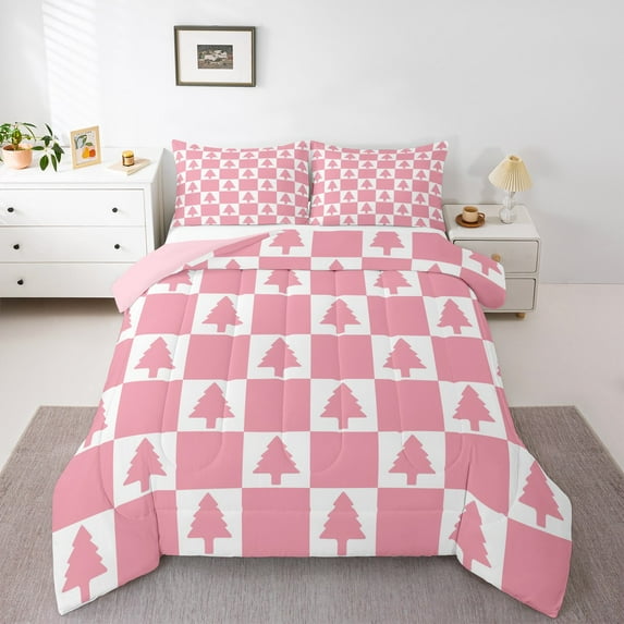 Feelyou Cartoon Xmas Tree Bedding Comforter Set for Kid, Merry Christmas Twin Comforter Sets, Pink Plaid Buffalo Reversible Bedding Set, Lightweight Room Decor, 2pcs