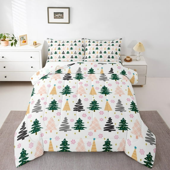 Feelyou Cartoon Xmas Tree Bedding Comforter Set for Kid, Merry Christmas Twin Comforter Sets, Snowflake Print Reversible Bedding Set, Breathable Home Decor, 2pcs