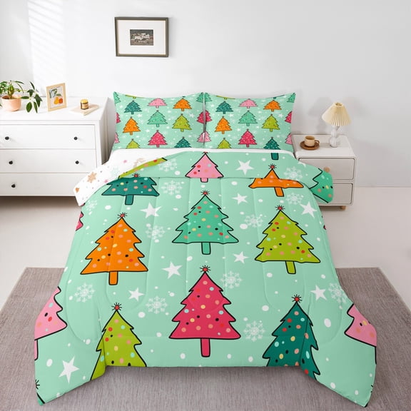 Feelyou Cartoon Xmas Tree Bedding Comforter Set for Kids, Winter Stars Snowflake Twin Comforter Sets, Merry Christmas Reversible Bedding Set, Microfiber Bedroom Decor, 2 Pieces