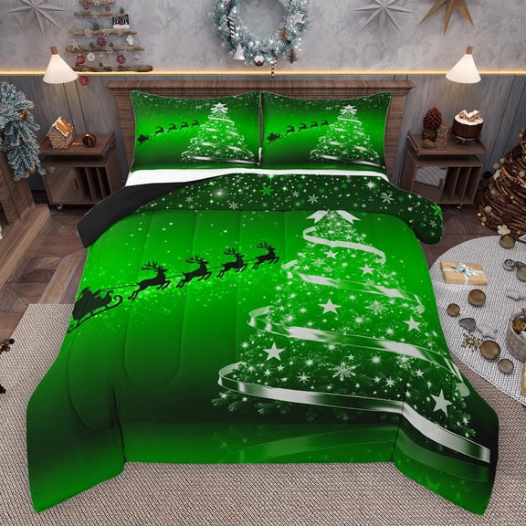 Feelyou Cartoon Xmas Tree Bedding Comforter Set for Teen, Kawaii Santa Claus Twin Comforter Sets, Green Christmas Theme Reversible Bedding Set, Luxury Bedroom Decor, 2 Pieces