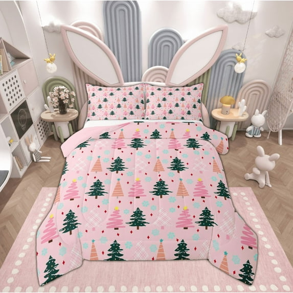 Feelyou Cartoon Xmas Tree Bedding Comforter Set for Teen, Winter Snowflake Twin Comforter Sets, Merry Christmas Theme Reversible Bedding Set, Super Cozy Room Decor, 2pcs