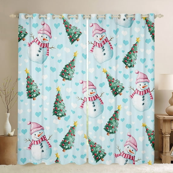 Feelyou Cartoon Xmas Tree Blackout Curtains Set of 2 (52x84 Each) for Teen, Blue Love Heart Window Curtains, Kawaii Christmas Snowman Curtains and Drapes, Window Curtains Room Decor