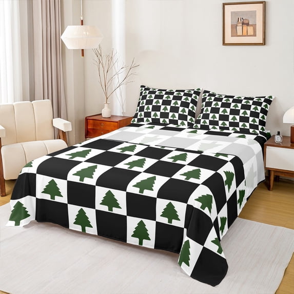 Feelyou Cartoon Xmas Tree Full Size Sheets for Kid, Merry Christmas Bed Sheets, Black White Plaid Buffalo Sheet Sets, Super Cozy Room Decor, 4-Piece