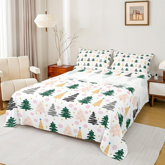 Feelyou Cartoon Xmas Tree Full Size Sheets for Kid, Merry Christmas Bed Sheets, Snowflake Print Sheet Sets, Breathable Home Decor, 4pcs
