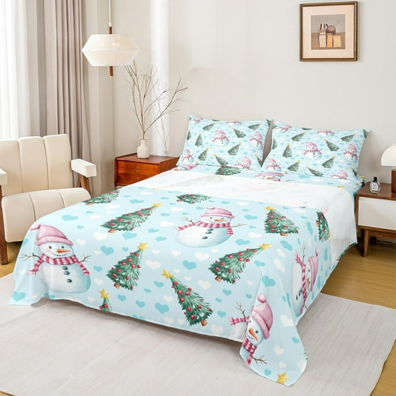 Feelyou Cartoon Xmas Tree Full Size Sheets for Teen, Blue Love Heart Bed Sheets, Kawaii Christmas Snowman Sheet Sets, Lightweight Room Decor, 4pcs