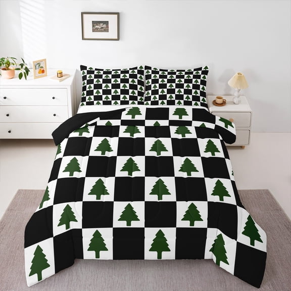 Feelyou Cartoon Xmas Tree Queen Comforter Set for Kid, Merry Christmas Bedding Sets, Black White Plaid Buffalo Reversible Bedding Comforter Set, Super Cozy Room Decor, 3-Piece