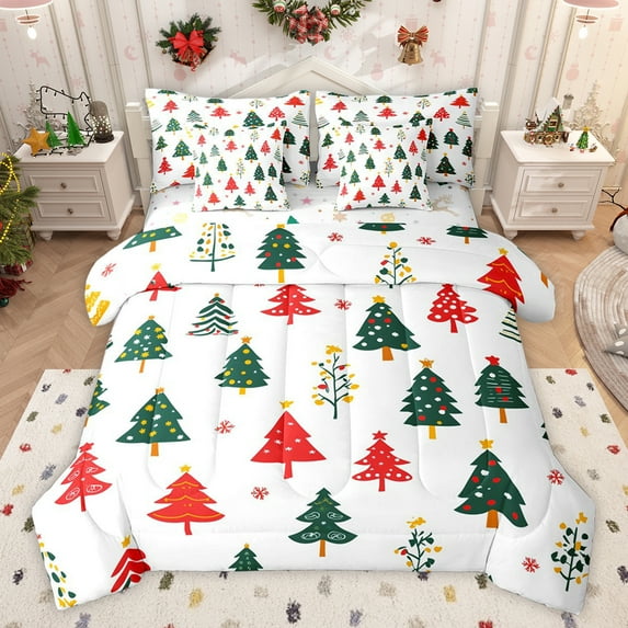 Feelyou Cartoon Xmas Tree Twin Bedding Sets 7-Piece, Kawaii Christmas Snowflake Bedding Comforter Set, Teens Kids Girls Boys Reversible Sheet Sets, Lightweight Room Decor