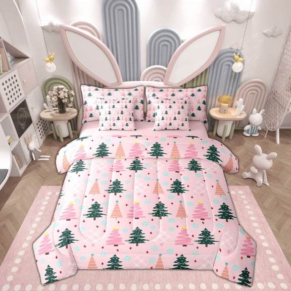 Feelyou Cartoon Xmas Tree Twin Bedding Sets 7-Piece for Teen, Winter Snowflake Bedding Comforter Set, Merry Christmas Theme Reversible Sheet Sets, Super Cozy Room Decor