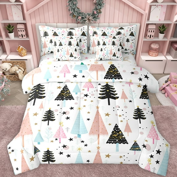Feelyou Cartoon Xmas Tree Twin Bedding Sets 7-Piece for Teens, Cute Christmas Stars Bedding Comforter Set, Happy New Year Reversible Sheet Sets, Super Cozy Room Decor