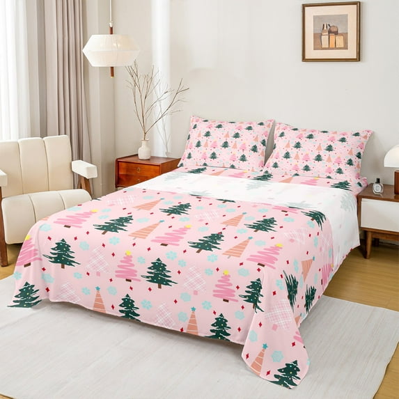 Feelyou Cartoon Xmas Tree Twin Sheet Sets for Teen, Winter Snowflake Twin Fitted Sheet, Merry Christmas Theme Flat Sheet, Super Cozy Room Decor, 3pcs