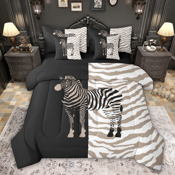 Feelyou Cartoon Zebra Kids Bedding Comforter Set 7pcs, Fashion Stripes Lines Queen Bedding Sets, Black Kawaii Animal Reversible Queen Sheet Sets, Lightweight Room Decor