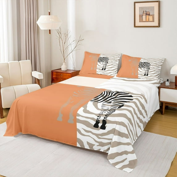 Feelyou Cartoon Zebra Kids Full Size Sheets, Fashion Stripes Lines Bed Sheets, Orange Kawaii Animal Sheet Sets, Breathable Home Decor, 4pcs