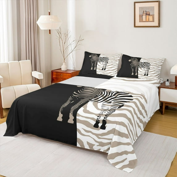 Feelyou Cartoon Zebra Kids Queen Sheet Sets, Fashion Stripes Lines Flat Sheet, Black Kawaii Animal Queen Fitted Sheet, Lightweight Room Decor, 4pcs