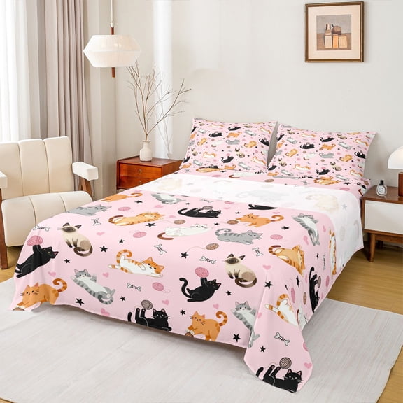 Feelyou Cat Animal Bed Sheets, Cartoon Stars Love Heart King Sheets, 4 Pieces
