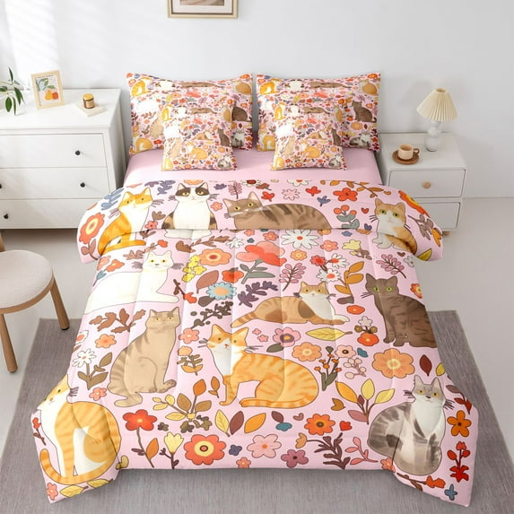 Feelyou Cat Animal Bedding Comforter Set 7-Piece, Pink Blossoms Full Bedding Set