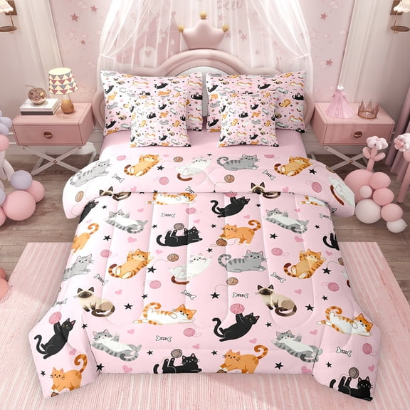 Feelyou Cat Animal Bedding Comforter Set 7pcs, Cartoon Stars Love Heart Queen Bedding Sets