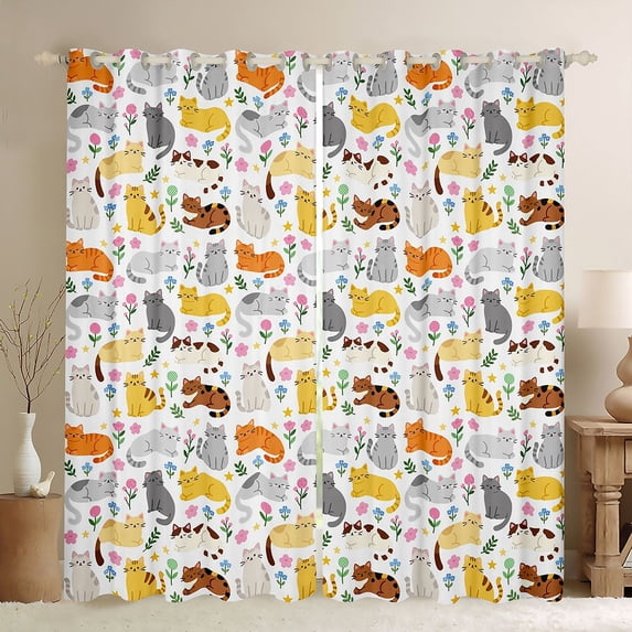 Feelyou Cat Animal Curtains Pack of 2 (42x84 Each), Cartoon Flower Curtains Blackout