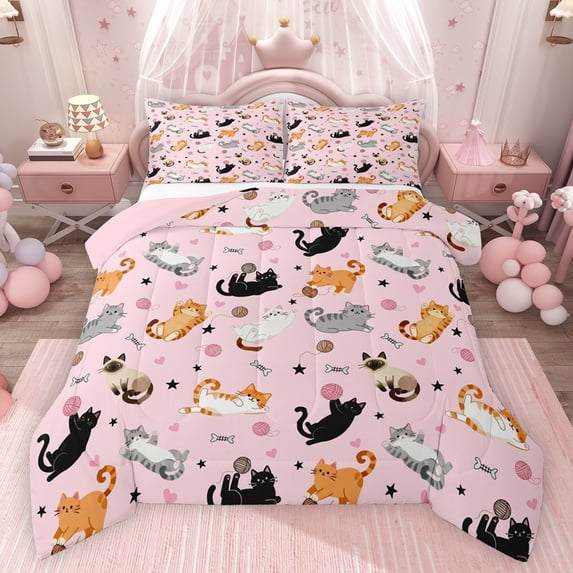 Feelyou Cat Animal Queen Comforter Set, Stars Love Heart Bedding Comforter Set, 3pcs