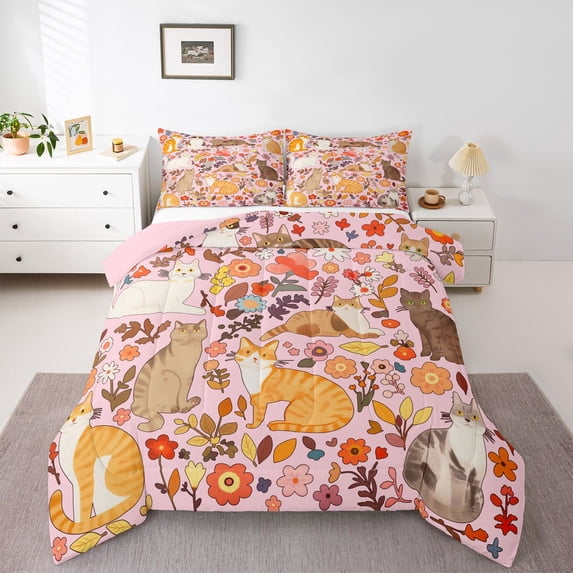 Feelyou Cat Animal Twin Comforter Sets, Pink Blossoms Bedding Set, 2pcs