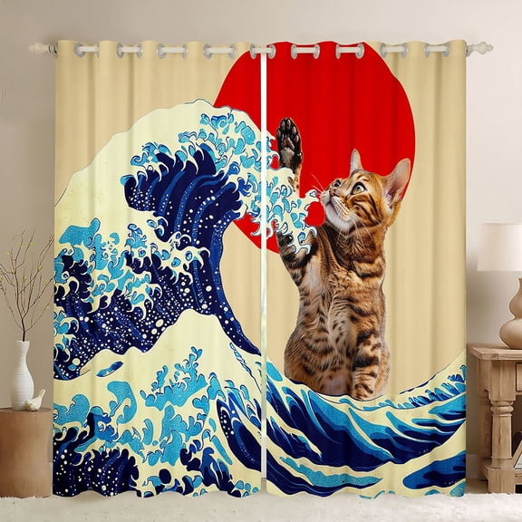 Feelyou Cat Black Out Curtains, Japanese Ocean Waves Curtains Pack of 2 (42x63 Each)