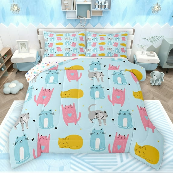 Feelyou Cat Kitten Animal Bedding Comforter Set for Child, Kawaii Love Heart Twin Comforter Sets, Cute Cartoon Blue Reversible Bedding Set, Breathable Home Decor, 2 Pieces