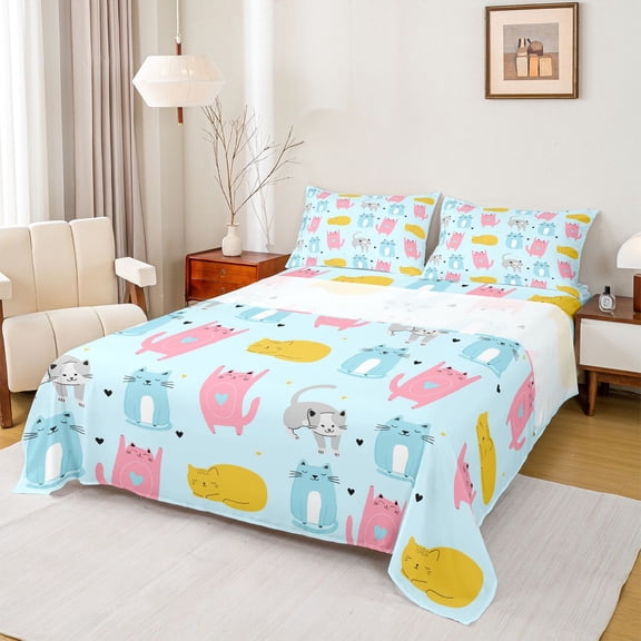 Feelyou Cat Kitten Animal Queen Sheet Sets for Child, Kawaii Love Heart Flat Sheet, Cute Cartoon Blue Queen Fitted Sheet, Breathable Home Decor, 4 Pieces