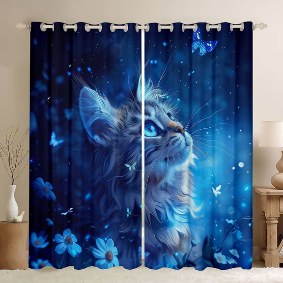 Feelyou Cat Kitten Black Out Curtains, Blue Groovy Flower Curtains Pack of 2 (42x63 Each)