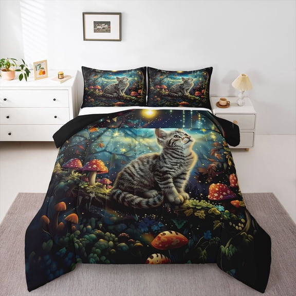 Feelyou Cat Kitten Queen Comforter Set, Mushroom Stars Galaxy Bedding Comforter Set, 3pcs